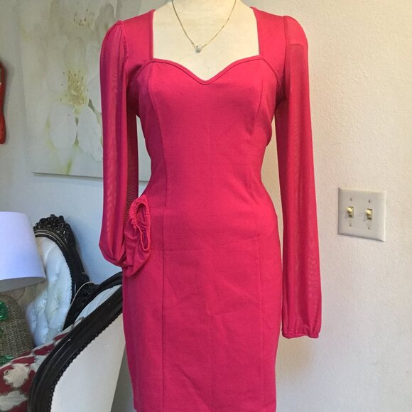 GUESS Sweetheart Neck Pencil Short Dress Mesh Long Sleeve Bodycam Stretch Pink M - Picture 2 of 9